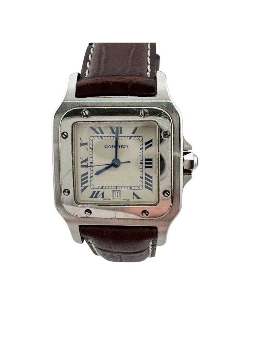 Cartier 3 Hands Date Santos Garbe Leather Watch Brown